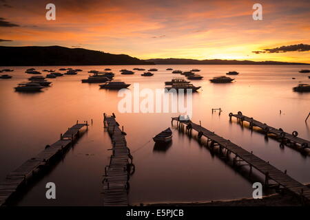 Jetties on Cobacabana Beach at dusk, Copacabana, Lake Titicaca, Bolivia, South America Stock Photo