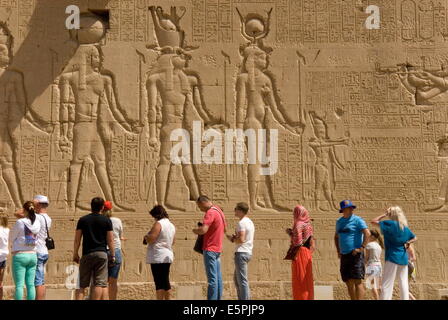 Carvings on the outside wall of the Temple of Hathor, Dendera necropolis, Qena, Nile Valley, Egypt, North Africa, Africa Stock Photo