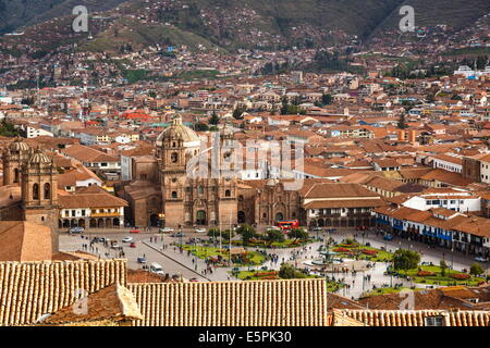 Elevated view over Cuzco and Plaza de Armas, Cuzco, UNESCO World Heritage Site, Peru, South America Stock Photo