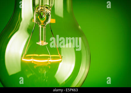 Close up glowing light bulb on green background