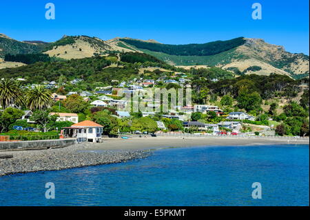 Overlook over Akaroa, Banks Peninsula, Canterbury, South Island, New Zealand, Pacific Stock Photo