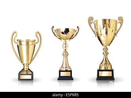 three different kind of golden trophies. Isolated on white background Stock Photo