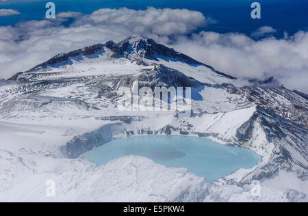 Aerial of a tuquoise crater lake on top of Mount Ruapehu, Tongariro National Park, UNESCO Site, North Island, New Zealand Stock Photo