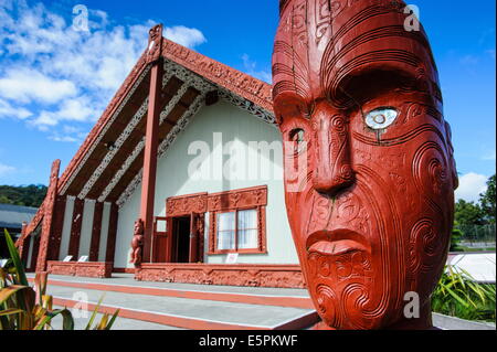 Traditional wood carved mask in the Te Puia Maori Cultural Center, Rotorura, North Island, New Zealand, Pacific Stock Photo