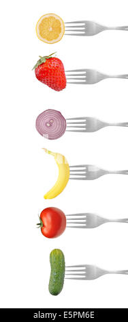 vegetables and fruits on the collection of forks Stock Photo