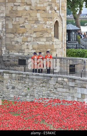 Tower of London, London, UK. 5th August 2014. Beefeaters at the Tower as they await the arrival of The Duke and Duchess of Cambridge and Prince Harry. 888,246 poppies are to be planted in the dry moat to represent the British lives lost in World War 1. Credit:  Matthew Chattle/Alamy Live News Stock Photo