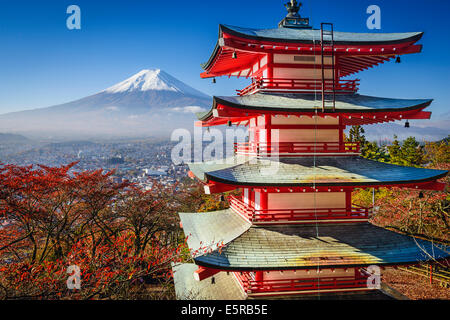 Mt. Fuji and Pagoda during the fall season in Japan. Stock Photo