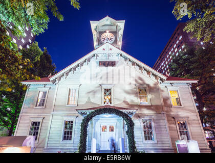 Sapporo, Japan at the Sapporo Clock Tower at night. Stock Photo