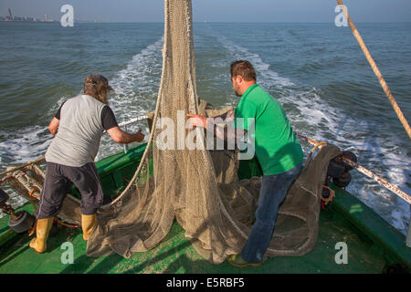 Fishermen preparing fish net on board of shrimp boat fishing for shrimps on the North Sea Stock Photo