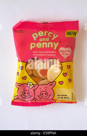 Bag of Marks & Spencer new percy and penny with special lovers strawberry hearts sweets together at last isolated on white background Stock Photo