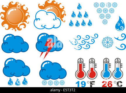 Classic design icons of weather forecasts with coiled tendrils. Stock Photo