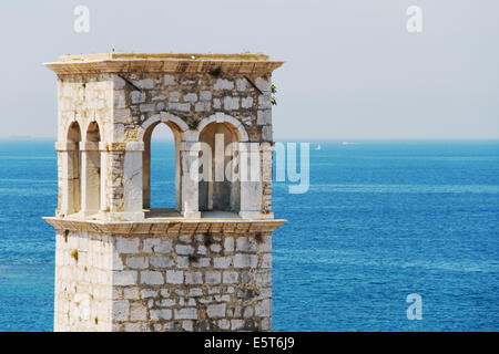 Top of a belfry with the Adriatic in the background, Porec, Croatia. Stock Photo