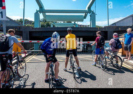 Bascule bridge raised over one of the 3 locks connecting Cardiff Bay to the Severn Estuary Stock Photo