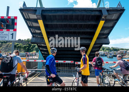 Bascule bridge raised over one of the 3 locks connecting Cardiff Bay to the Severn Estuary Stock Photo