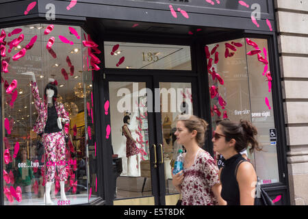 A Kate Spade store on Fifth Avenue, decorated in pink two and three dimensional high heel shoes Stock Photo