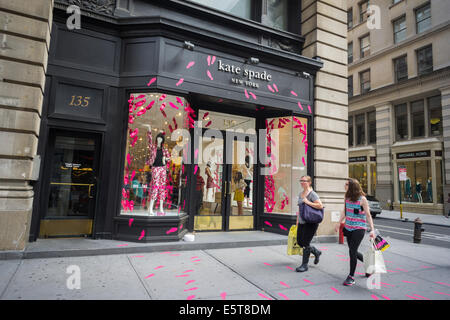 A Kate Spade store on Fifth Avenue, decorated in pink two and three dimensional high heel shoes Stock Photo