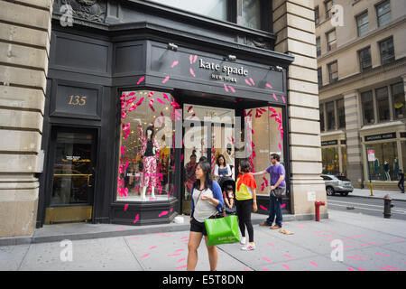 A Kate Spade store on Fifth Avenue, decorated in pink two and three dimensional high heel shoes Stock Photo