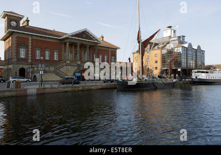 Barge 'Victor' with Customs House; left; in Haven Marina; Ipswich. Stock Photo