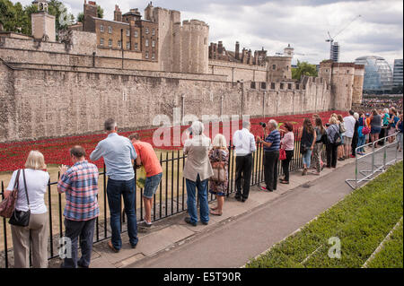 London, UK, 5 August 2014.  In the dry moat of the Tower of London, the evolving art installation called 'Blood Swept Lands and Seas of Red', by ceramic artist Paul Cummins, was unveiled to the public to recognise 100 years since the first full day of Britain’s involvement in the First World War.  Pictured : crowds view the poppies in the dry moat.  Credit:  Stephen Chung/Alamy Live News Stock Photo