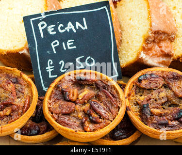 Close up shot of pecan pies in British market Stock Photo