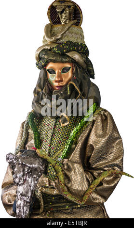 Cutout of man an in elaborate brown costume with snake during Carnival in Venice. Stock Photo