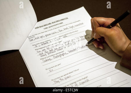 July 20, 2014 - A ''Bachelor/Bachelorette'' questionnaire asks about past relationships at the 2015 casting call for ''The Bachelor'' at the Westin South Coast Plaza, July 20. © Spencer Grant/ZUMA Wire/ZUMAPRESS.com/Alamy Live News Stock Photo
