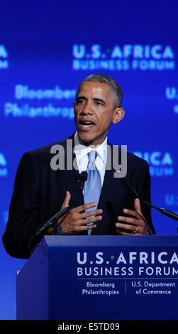 Washington, DC, USA. 5th Aug, 2014. U.S. President Barack Obama speaks during the business forum of the first U.S.-Africa Summit in Washington, DC, capital of the United States, Aug. 5, 2014. Credit:  Bao Dandan/Xinhua/Alamy Live News Stock Photo