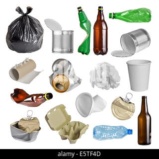 Samples of trash for recycling isolated on white background Stock Photo