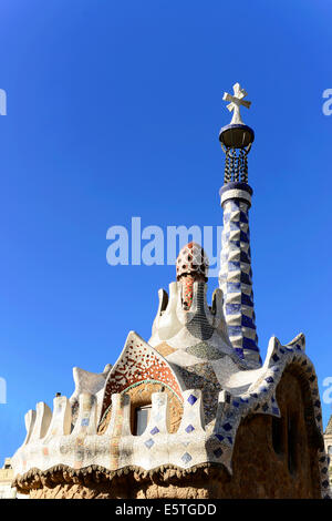 Tower, gatehouse, designed by Antoni Gaudi, Park Güell, UNESCO World Heritage Site, Barcelona, Catalonia, Spain Stock Photo