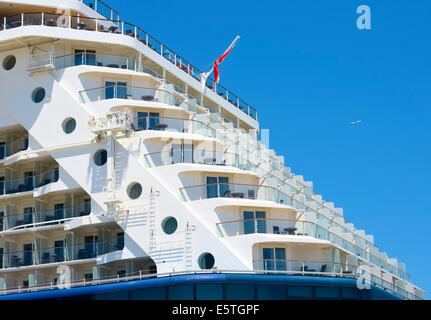 Big Cruise ship docked in port, prow detail Stock Photo