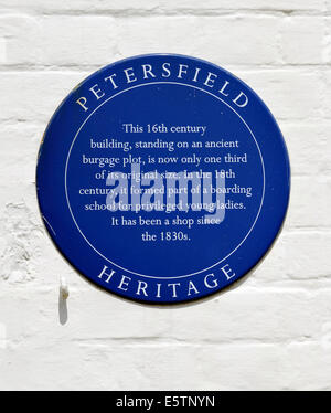 Blue Plaque at 6 High Street, Petersfield, Hampshire, England, UK. Stock Photo