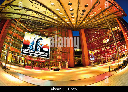 Germany, Berlin: Nocturnal view of the Stage Theater at Potsdamer Platz with musical 'Hinterm Horizont' announced Stock Photo