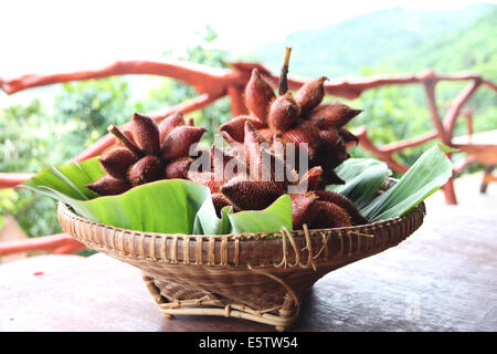 Fresh Salak snake fruit in basket on the foods table. Stock Photo