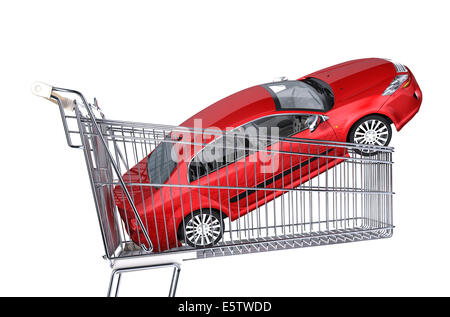 Supermarket trolley with red sedan car inside it. Side view, on white background. Stock Photo