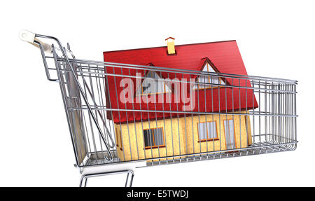 House in a supermarket trolley. Close up side view, on white background. Clipping path included. Stock Photo