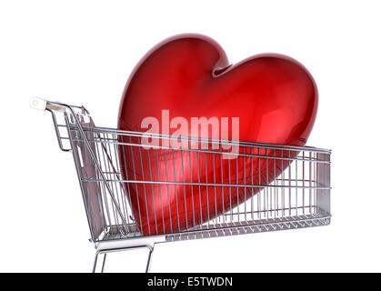 Supermarket trolley with big red shiny heart inside it. Side view, on white background. Stock Photo