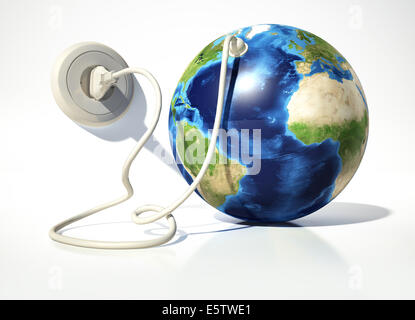 Planet Earth with electric cable, plug and socket. On white surface and white background. Stock Photo