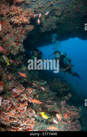 Two divers exploring HP reef in Maldives, north Male' atoll Stock Photo