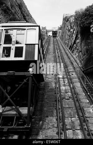 Upward shot of the East Hill funicular railway, a cable car, in Hastings on the Sussex coast Stock Photo