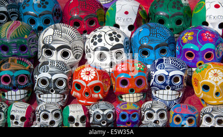 Painted china skulls tourist stall Chichen Itza Yucatan Mexico Stock Photo