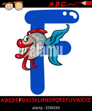 Cartoon Illustration of Capital Letter F from Alphabet with Fish Animal for Children Education Stock Photo