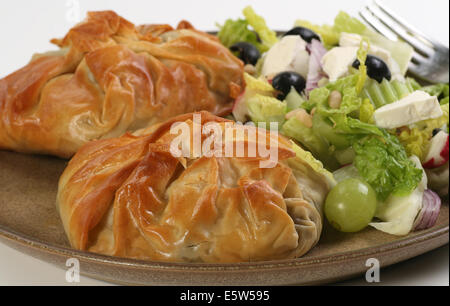 parcels of filo pastry filled with fennel and mushroom with a mixed salad Stock Photo