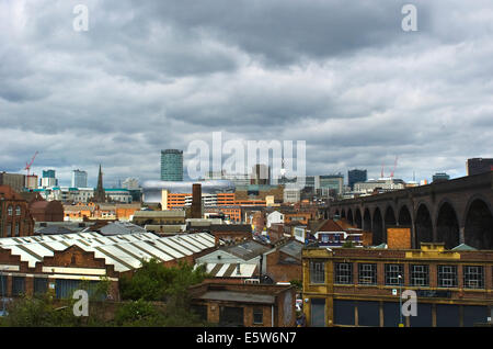 Birmingham city skyline shot from The Custard Factory, Birmingham across to the Bullring and including a railway bridge. Stock Photo