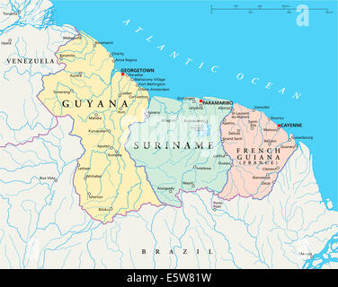 Guyana, Suriname and French Guiana Political Map Stock Photo