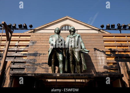 The Goethe-Schiller Monument as part of a theater Scenic design and the Deutsches Nationaltheater in Weimar, Thuringia, Germany, Stock Photo