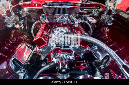 Classic car engine compartment of custom, vintage car Chevrolet Camaro, muscle car, USA Stock Photo