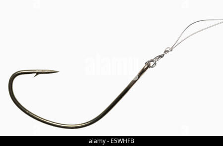 Six turn San Diego jam knot in monofilament fishing line connected to sharp barbed fishing hook Stock Photo