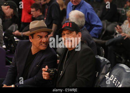 Friday January 31 2014; Celebs out at the Lakers game. Charlotte Bobcats Pacers defeated the Los Angeles Lakers by the final score of 110-100 at Staples Center in Los Angeles CA Featuring: George Lopez,Danny Trejo Where: Los Angeles California United Stat Stock Photo