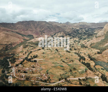 View of valley and mountains, Ollantaytambo, Sacred Valley, Peru Stock Photo