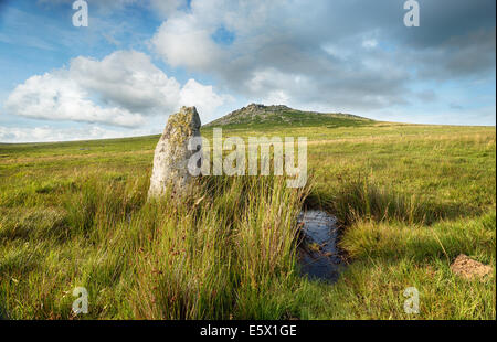 Standing stone at Fernacre stone circle at the foot of Roughtor on Bodmin Moor in Cornwall Stock Photo